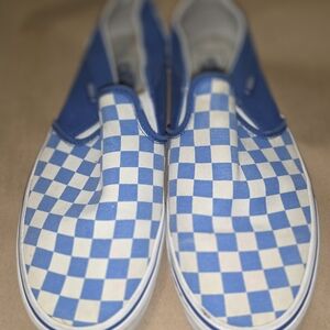 Blue and White Checkered Slip-On Vans Women's Shoes. Size 10